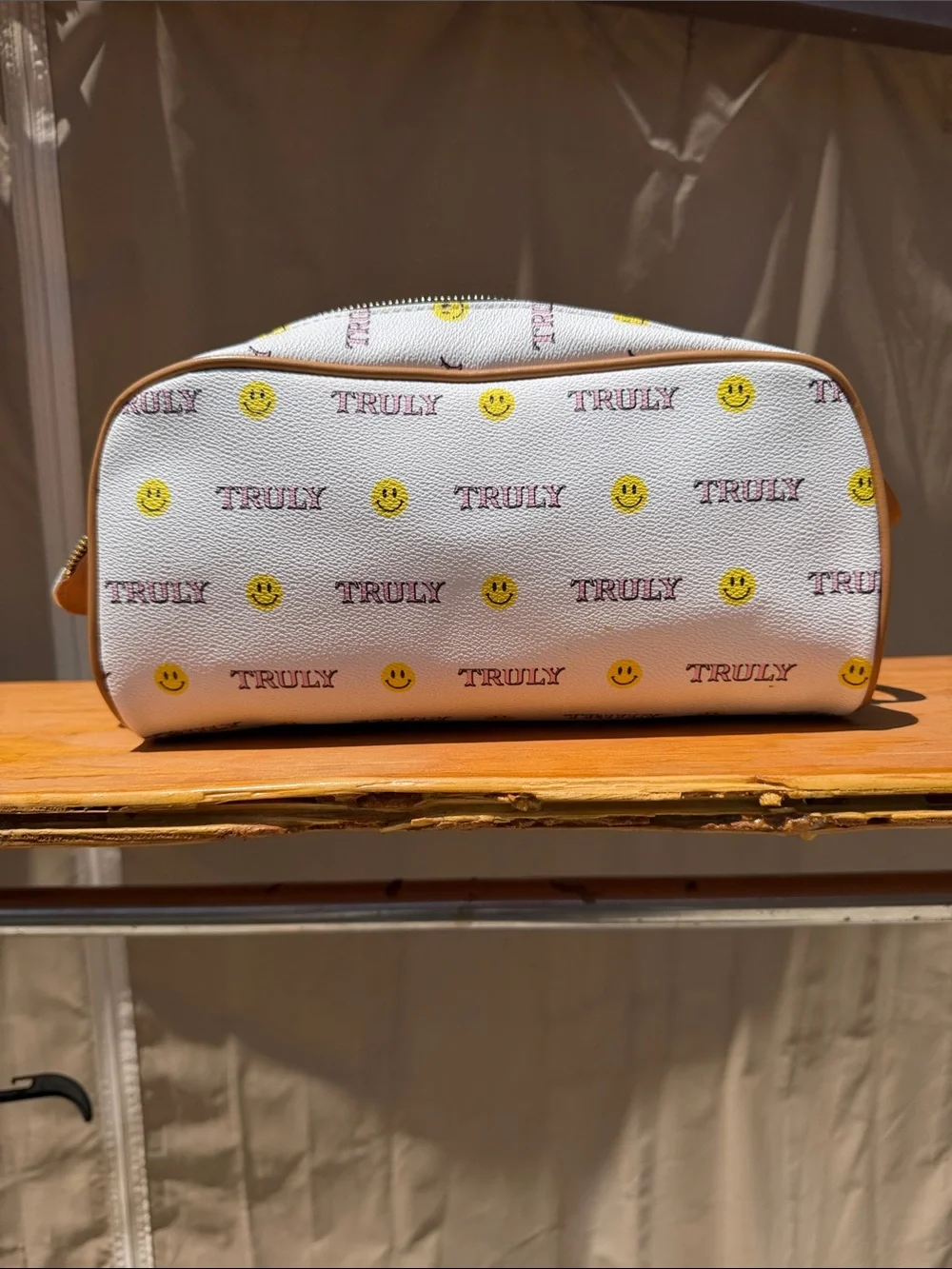 TRULY White Cosmetic Pouch with Yellow Smiley Print